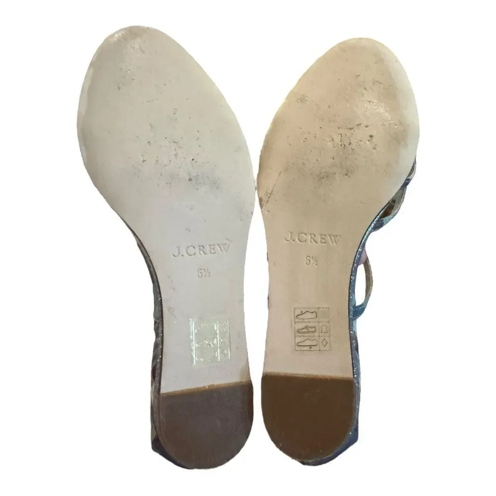 J. Crew Cary Women's Plaid Strappy Mini Wedge Silver Glitter Sandals 6.5